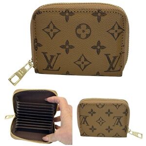 Monogram Pattern Tan & Brown Zippy Coin Purse Compact Credit Card Wallet